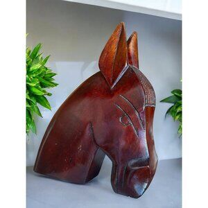 Vintage Carved Horse Head Wooden Sculpture Mahogany Bookend